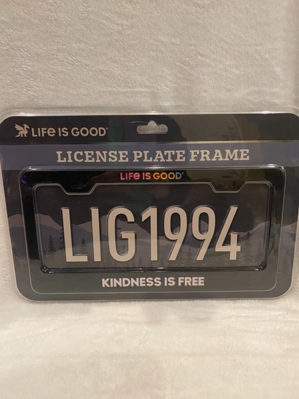 Life is Good "Kindness is Free" Stainless Steel Black License Plate Frame NWT
